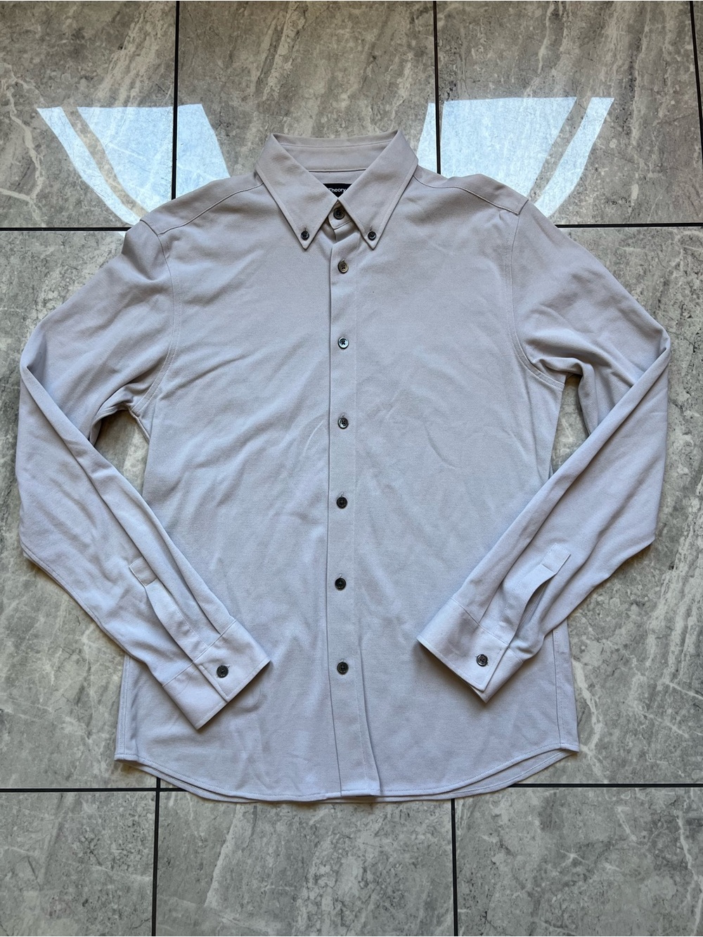 Theory Men's Alfred Structure Knit Pique Long Sleeve Shirt Light Gray Casual  S